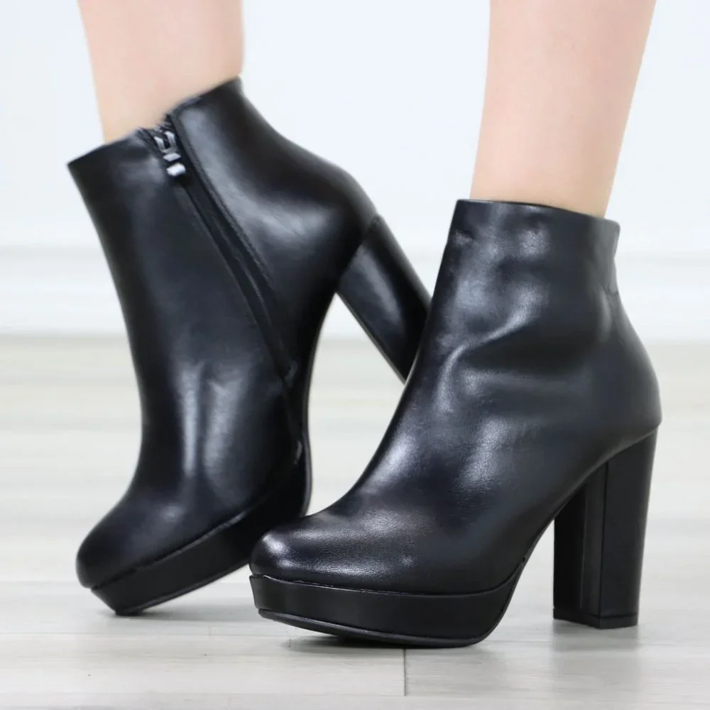 Womens Chunky Platform High Heeled Bootie Zip Up Black Ankle Boots Block Heel - Picture 7 of 15